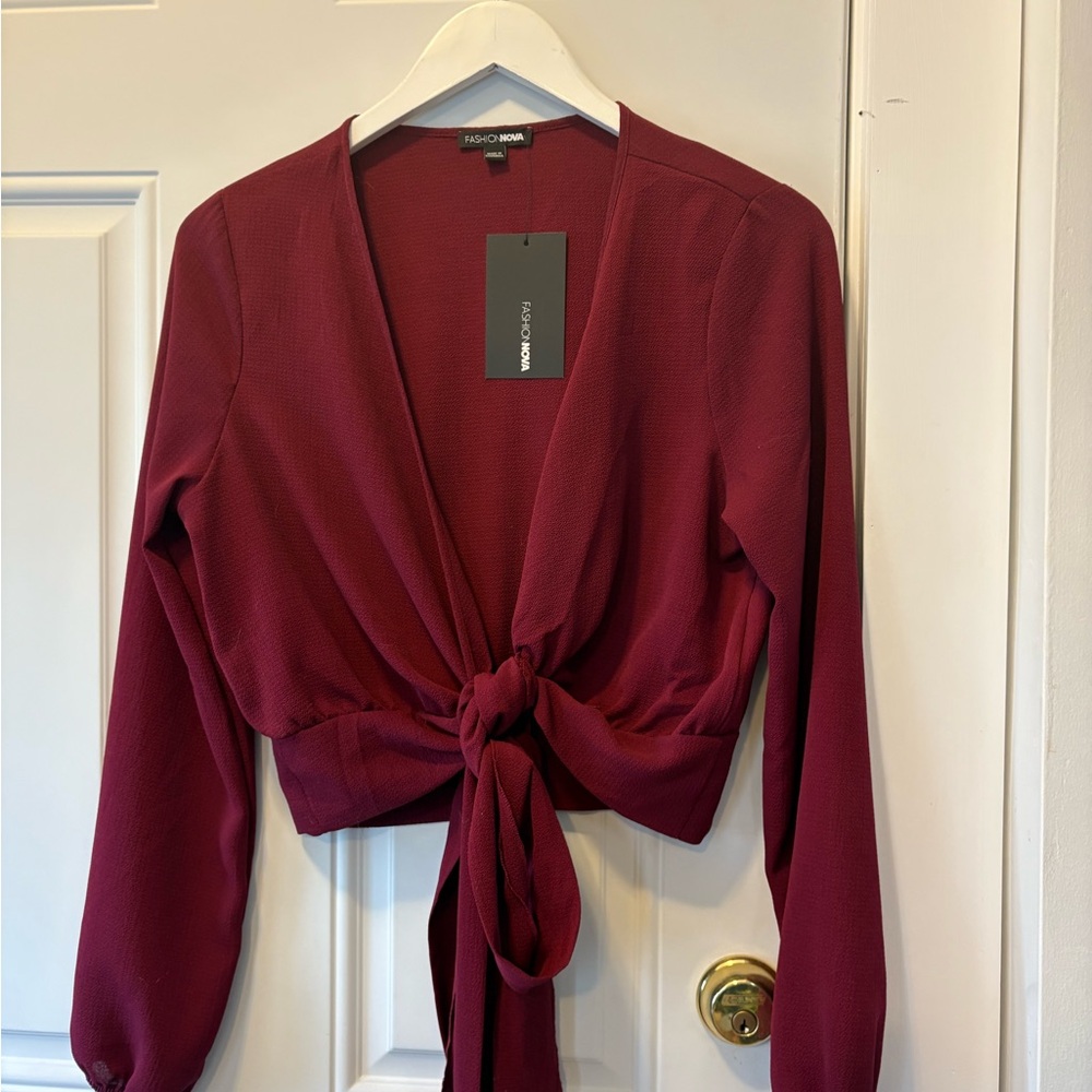 Fashion Nova Red Long Sleeve Tie Front Wrap Blouse